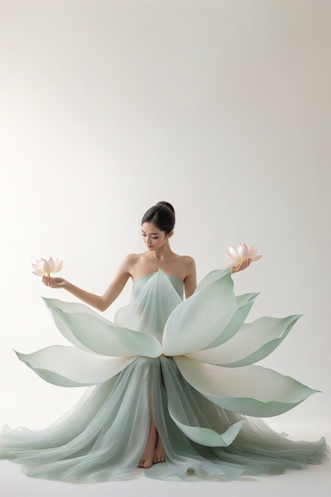 full body, Light jade tone,simple white background, lighting effect, minimalist, elegant, pure gentle, soft light, photorealistic. a women (collarbone, shoulders) sitting pose, The hyper-giant lotus with huge and long petals (petal made of a thin and soft tulle fabric, flowy petals fully background, floating petals, hyper-flying petals, smoke effect mix with petal), lotus dress.,Lotus Dress