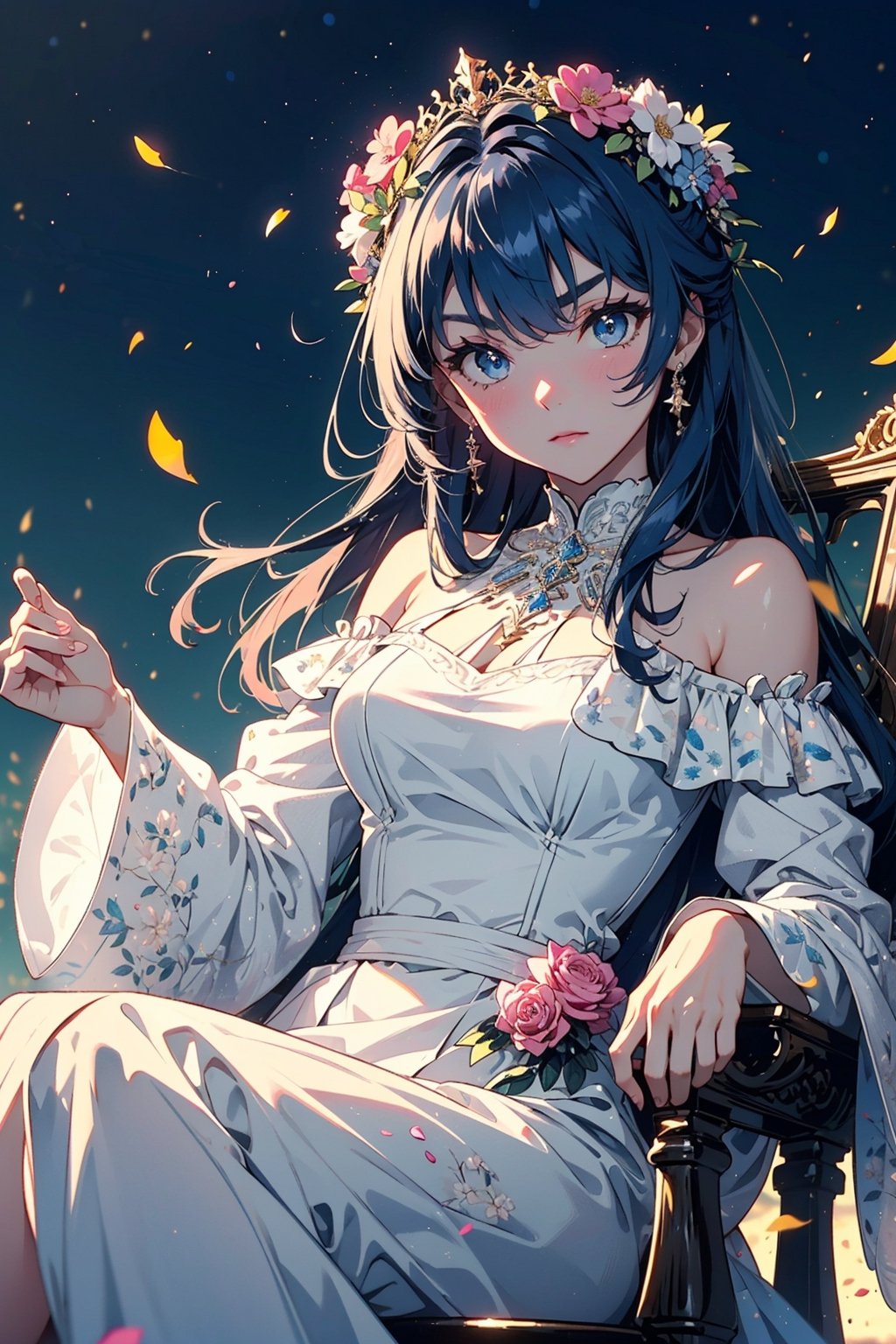 1girl, solo, blue eyes, dress, long hair, flower, looking at viewer, petals, wide sleeves, blue hair, sitting, head wreath, bangs, bare shoulders, pink flower, closed mouth, v-shaped eyebrows, detached sleeves, long sleeves, white dress, blurry, dutch angle, throne, breasts,firefliesfireflies,night sky,intricate printing pattern ,3d animation