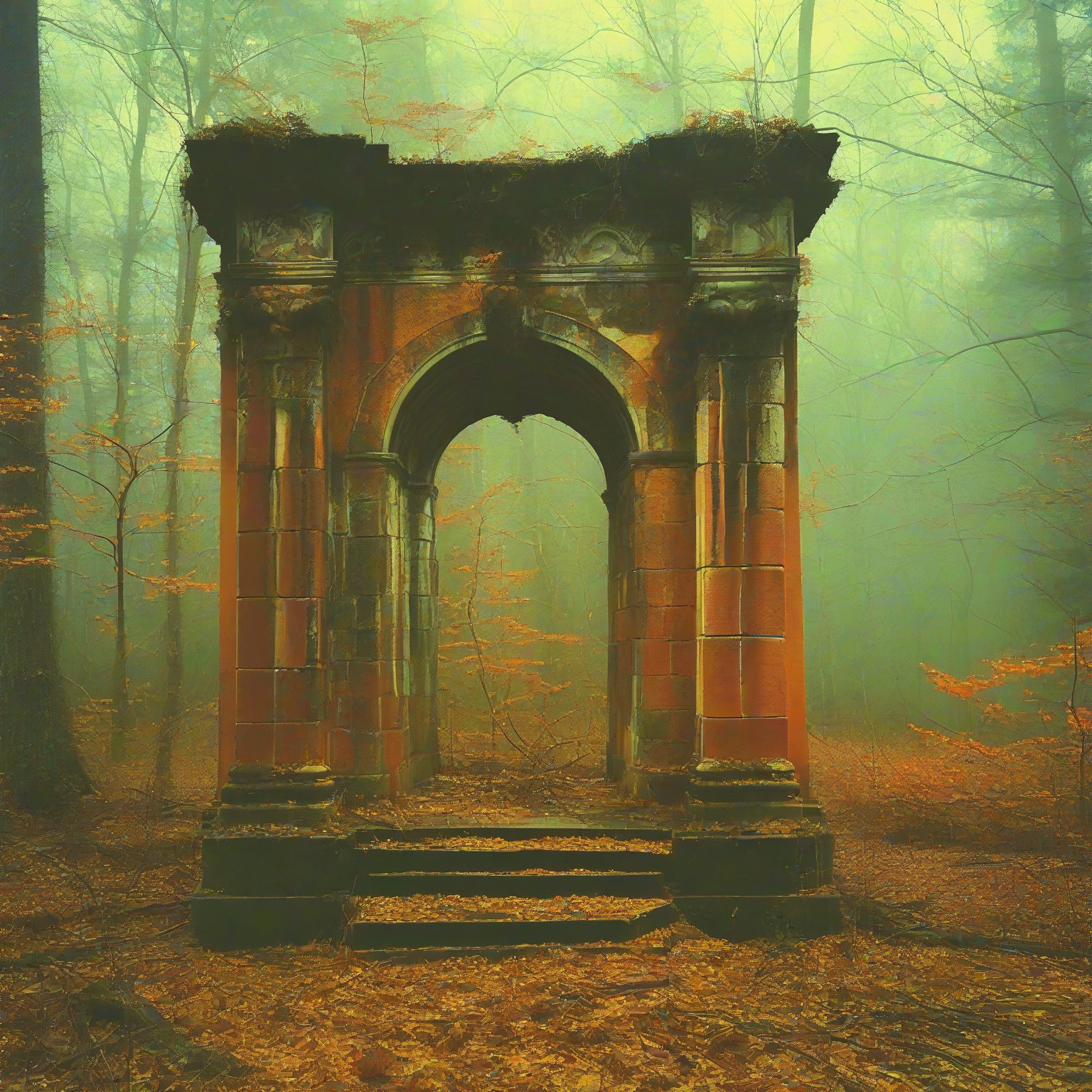 Forest still stands, a decaying monument to forgotten joy. vivid decadent vintage,decaying monument