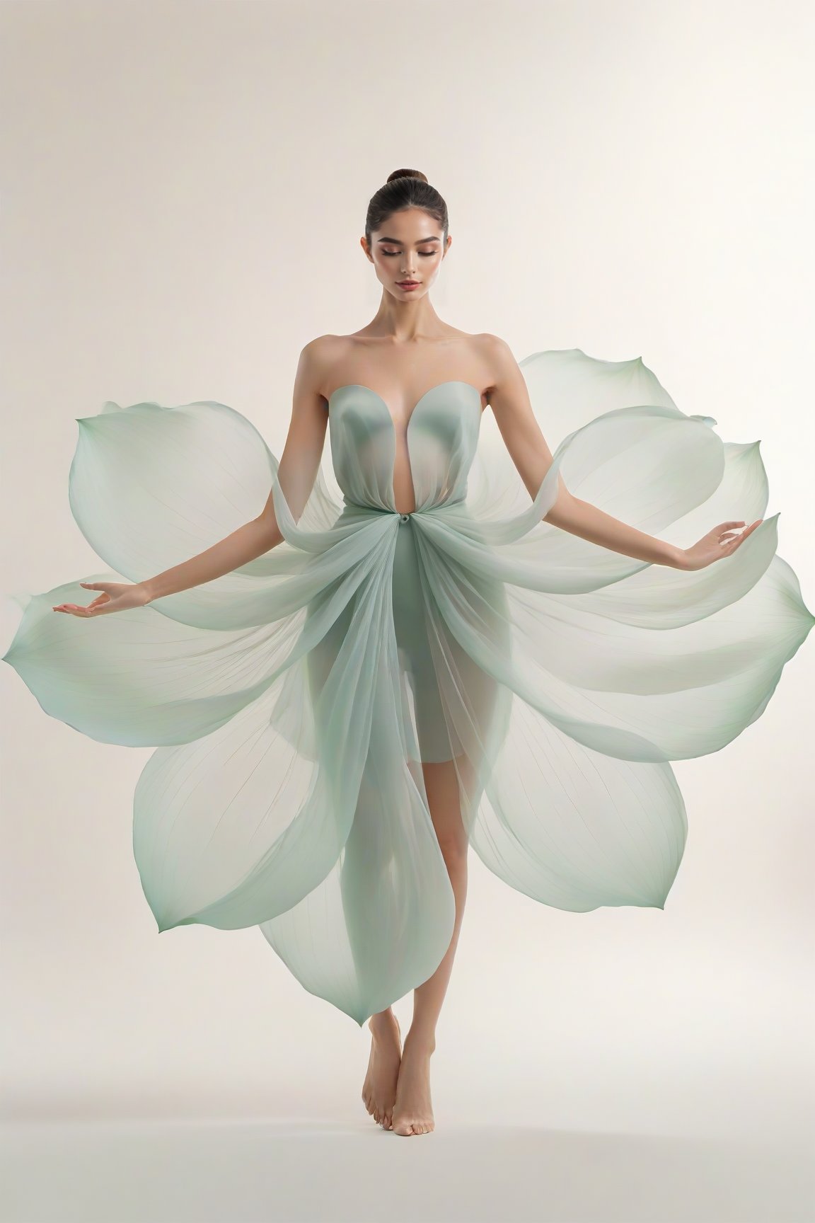 full body, Light jade tone,simple white background, lighting effect, minimalist, elegant, pure gentle, soft light, photorealistic. a women (collarbone, shoulders) dynamic pose, The hyper-giant lotus with huge and long petals (petal made of a thin and soft tulle fabric, flowy petals fully background, floating petals, hyper-flying petals, smoke effect mix with petal), lotus dress.,Lotus Dress