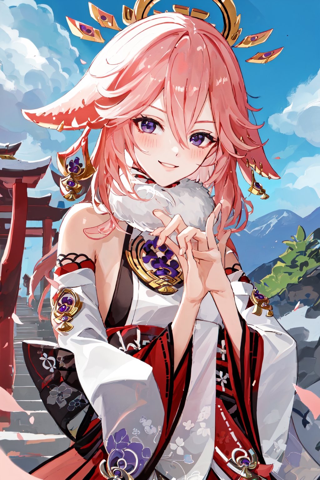 ((white and red full lenght fur coat, fur trim)), yaemikodef, upper body, smile, blush, outdoors, day, simple background, blue sky, short hair, sky, temple, looking at viewer, stairs, mountain, moody lighting, facing viewer,intricate printing pattern ,3d animation