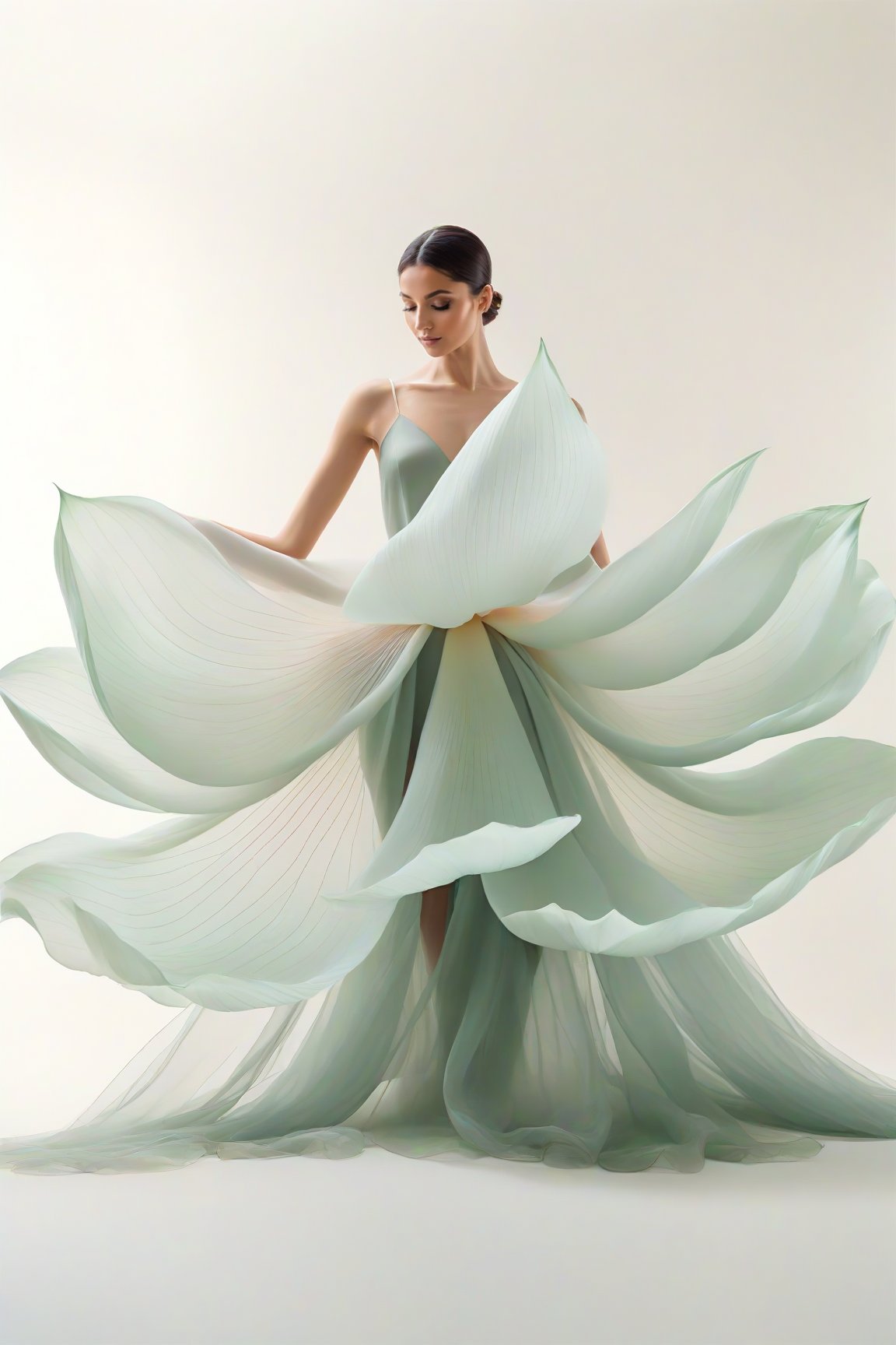 full body, Light jade tone,simple white background, lighting effect, minimalist, elegant, pure gentle, soft light, photorealistic. a women (collarbone, shoulders) dynamic pose, The hyper-giant lotus with huge and long petals (petal made of a thin and soft tulle fabric, flowy petals fully background, floating petals, hyper-flying petals, smoke effect mix with petal), lotus dress.,Lotus Dress