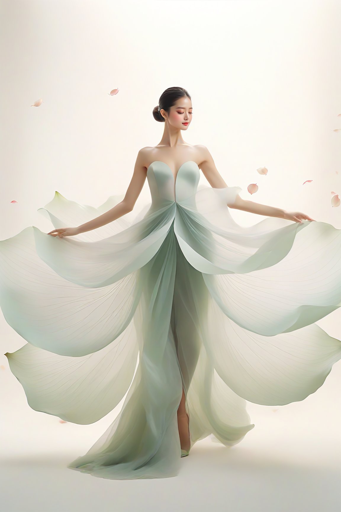 full body, Light jade tone,simple white background, lighting effect, minimalist, elegant, pure gentle, soft light, photorealistic. a women (collarbone, shoulders) dynamic pose, The hyper-giant lotus with huge and long petals (petal made of a thin and soft tulle fabric, flowy petals fully background, floating petals, hyper-flying petals, smoke effect mix with petal), lotus dress.,Lotus Dress