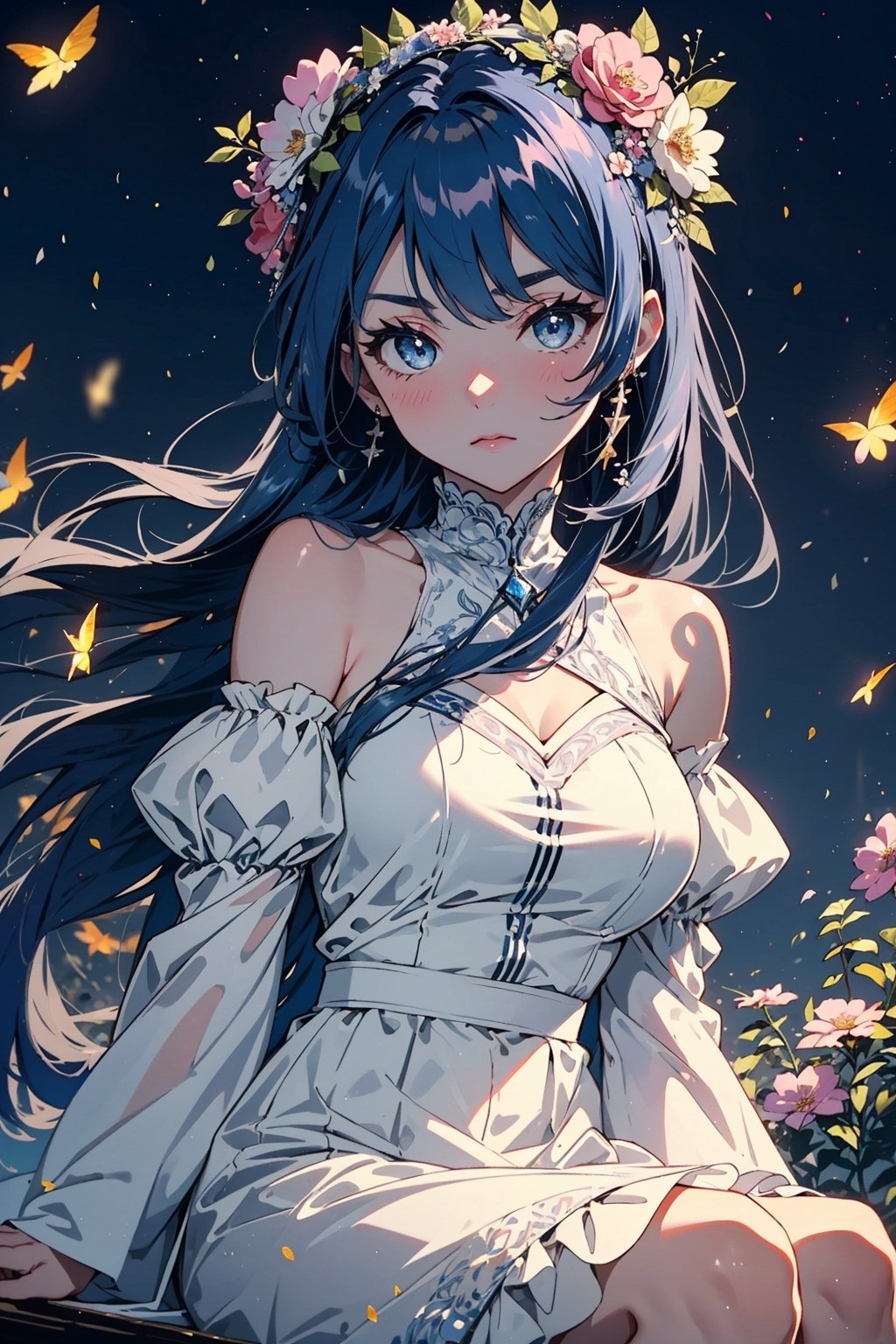 1girl, solo, blue eyes, dress, long hair, flower, looking at viewer, petals, wide sleeves, blue hair, sitting, head wreath, bangs, bare shoulders, pink flower, closed mouth, v-shaped eyebrows, detached sleeves, long sleeves, white dress, blurry, dutch angle, throne, breasts,firefliesfireflies,night sky,intricate printing pattern ,3d animation