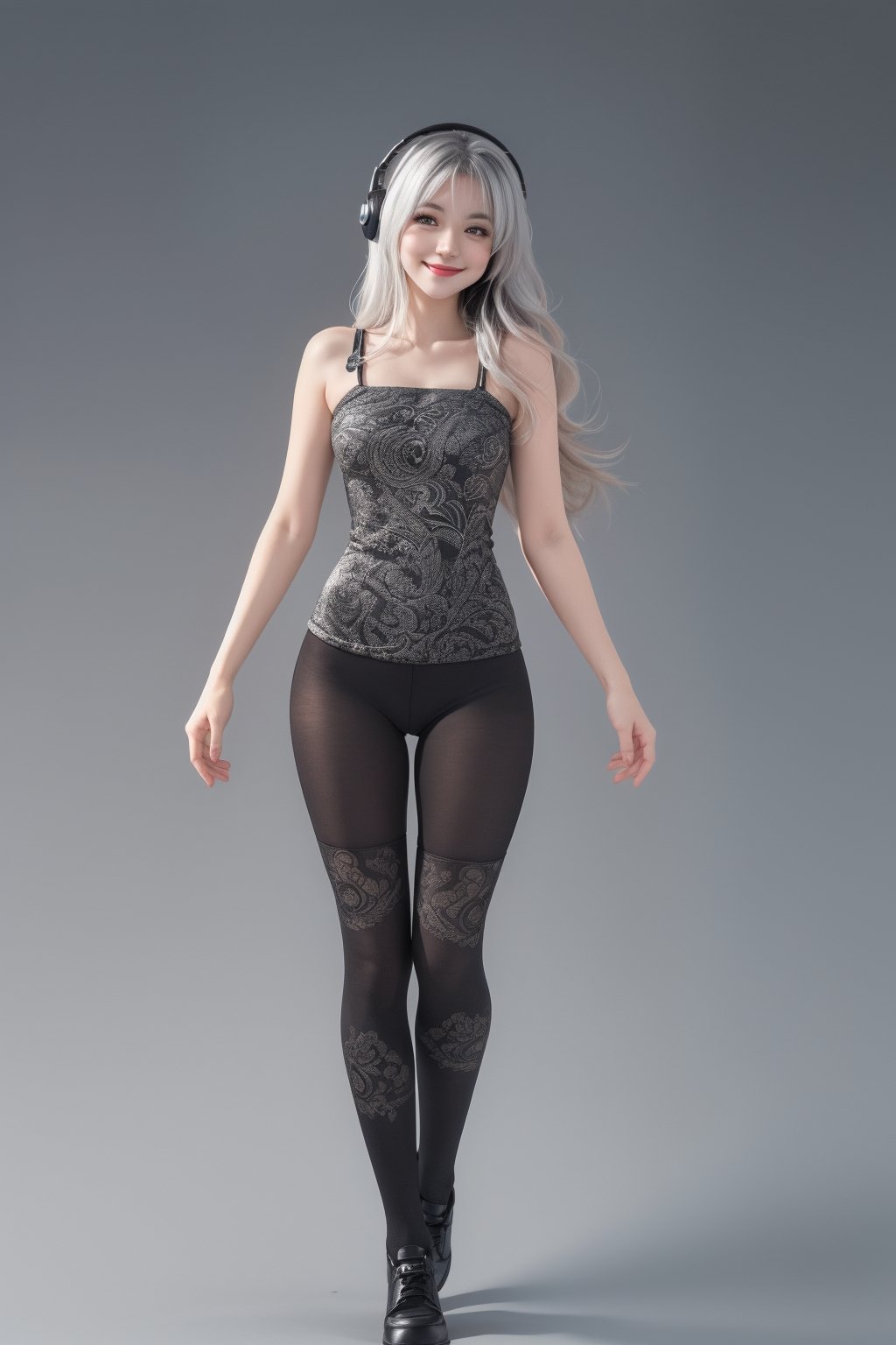 warm light room Beautiful woman with silver long hair against a grey background.over-the-ear headphones Smile,black tights top,Girl,full_body,vonnyfelicia,intricate printing pattern ,3d animation