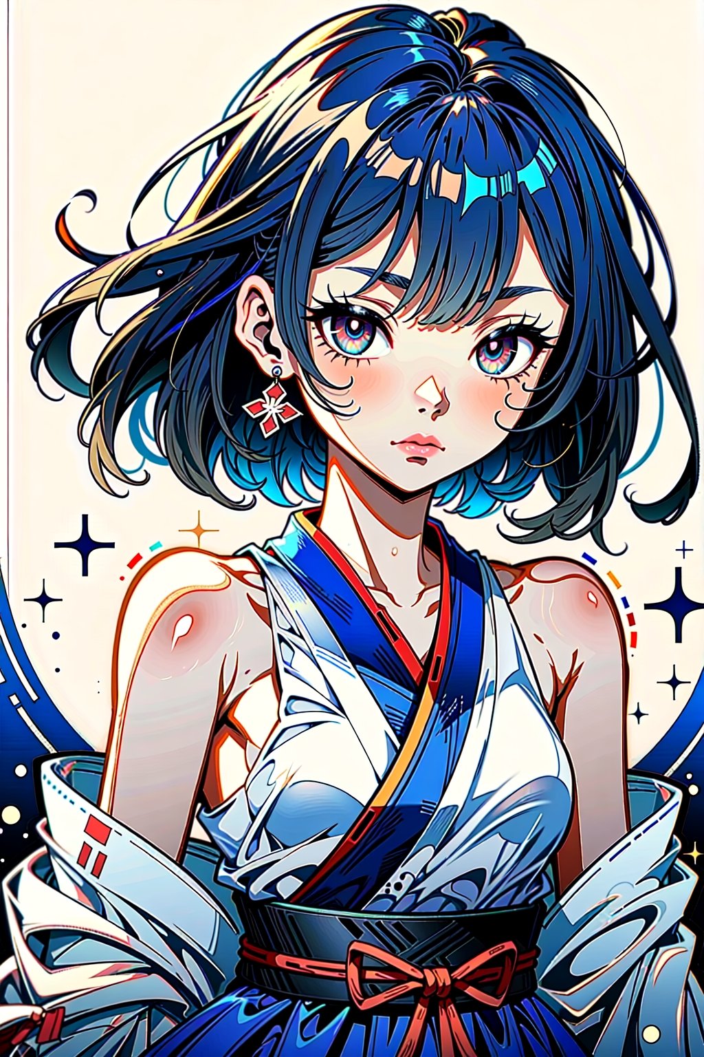 (watercolor_medium), ((ukiyoe style)), ((((masterpiece)))), (((best quality))), (illustration),(1girl:1.5),(solo:1.5), ((an extremely delicate and beautiful)), ((little girl)) , cute, ((hime_cut)), side blunt bangs,(ultramarine hair:1.2), hairs between eyes, ribbons, Bracelet , bare shoulders,((japanese_clothes)), sakura, ((slit pupils)), ((miko)), (off_shoulder), ace,intricate printing pattern ,3d animation