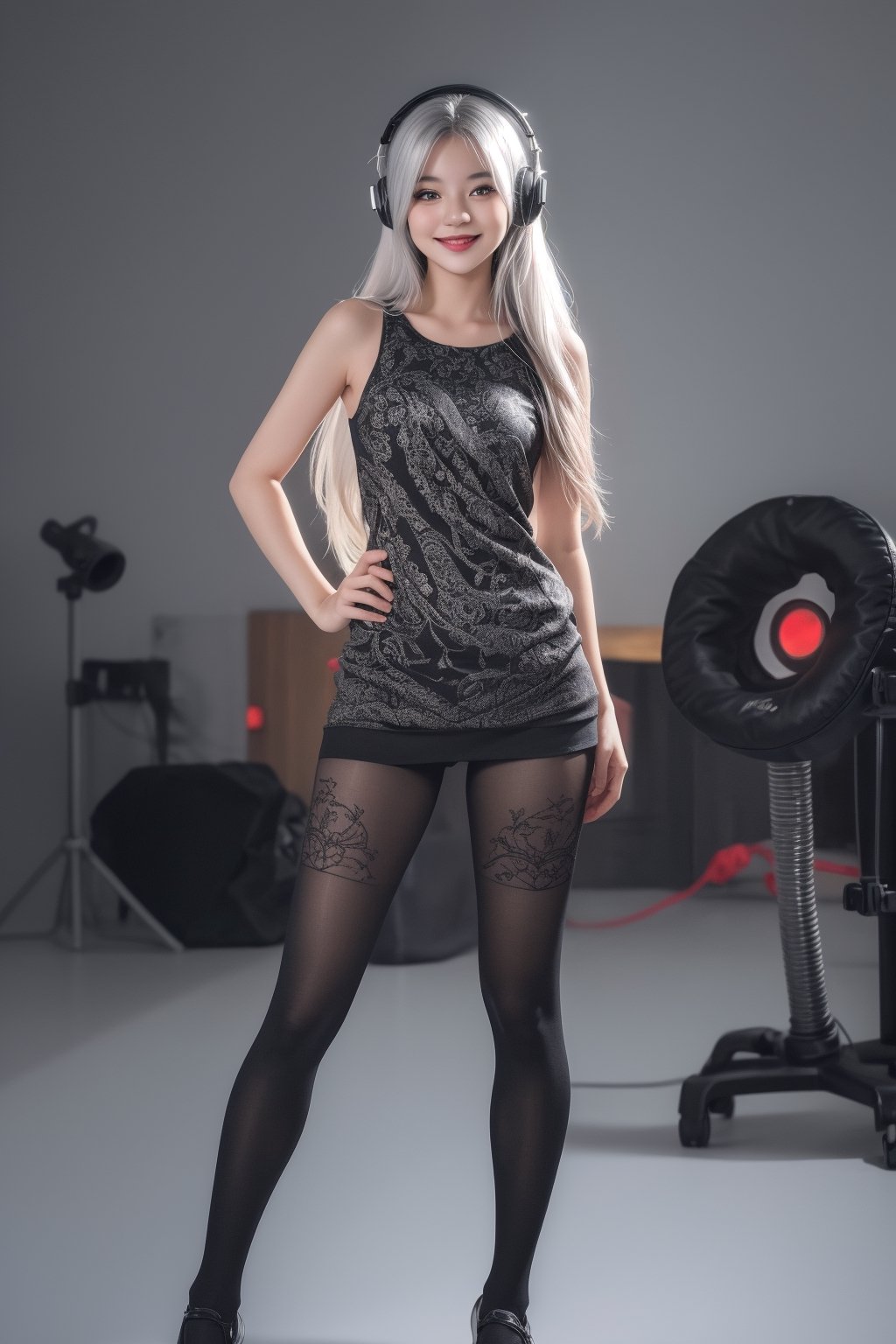 warm light room Beautiful woman with silver long hair against a grey background.over-the-ear headphones Smile,black tights top,Girl,full_body,vonnyfelicia,intricate printing pattern ,3d animation