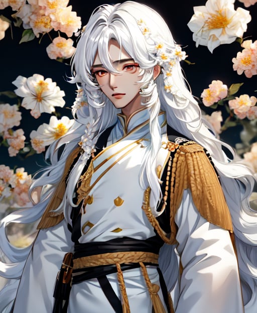 Anime, Brown eyes, background_sky, flowers, White outer, Long wavy hair, Black hair, Tan skin