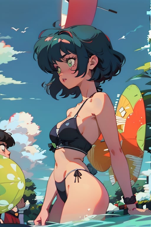 young girl with short mightnight blue hair, bangs over her olive green eyes, tanned skin, dull gaze and expression, black bikini top with violet laces, summer day at the beach, clear sky and few snow-white clouds, beautifulbig breasts, 1girl, sole-female, female_solo,ayanamirei, retro anime style, perfectly drawn, highly detailed, intricate,