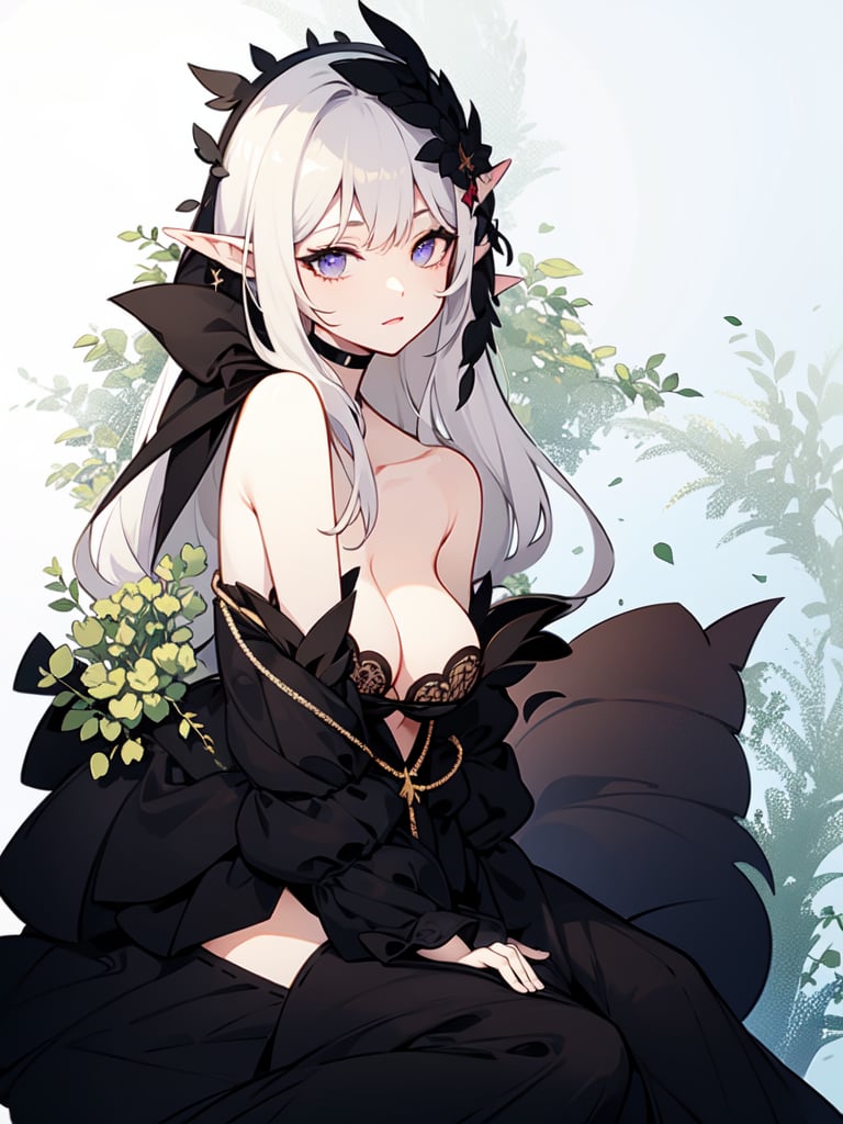 ultra-detailed,(best quality),((masterpiece)),(highres),original,extremely detailed 8K wallpaper,(an extremely delicate and beautiful),anime,1 girl,long_ears,elven_ears,elven_woman,large_breast,big_tits,overboob,cleavage,background=garden()forest<future,thinn_straps,slutty_looking,long_hair_color==black=1 gradient=violet=0.4,