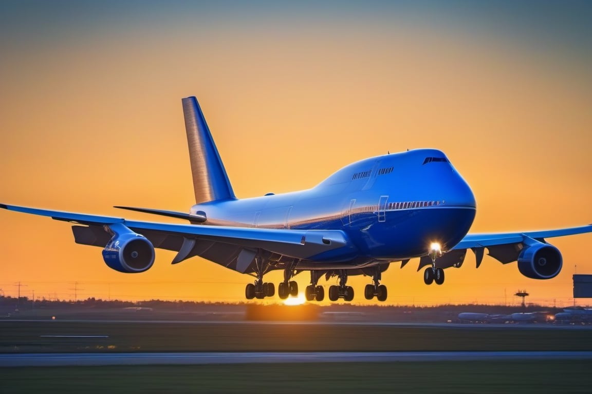 a blue boeing 747 landing on an airport track. high detail. chibi style. clear sky. cinematic light.golden hour.