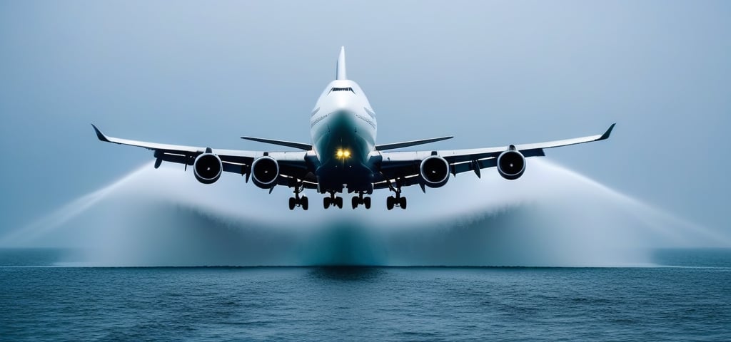 A huge Boeing 747 over the sea leaving behind a lot of water splashing, on the surface of the sea, volumetric water fog, gloomy background