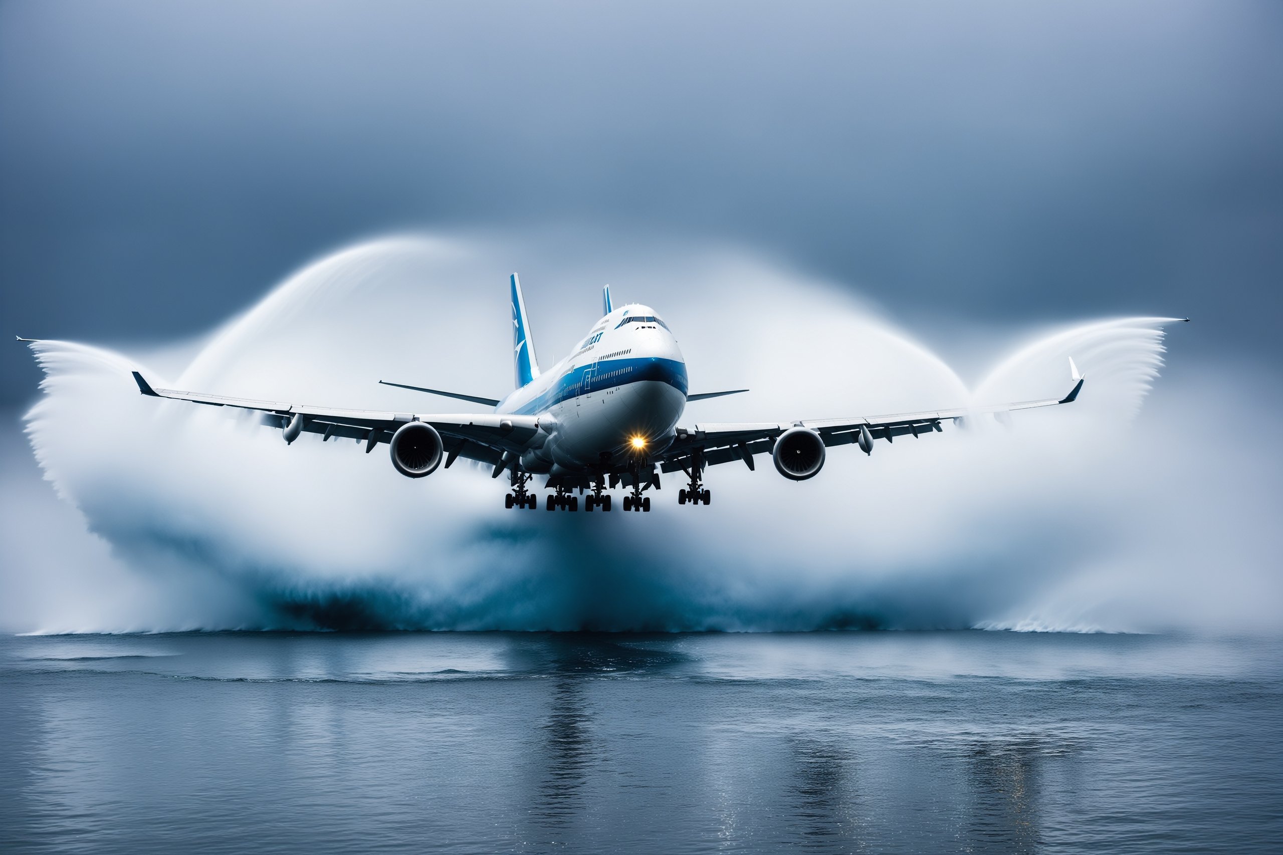 A huge Boeing 747 over the sea leaving behind a lot of water splashing, on the surface of the sea, volumetric water fog, gloomy background