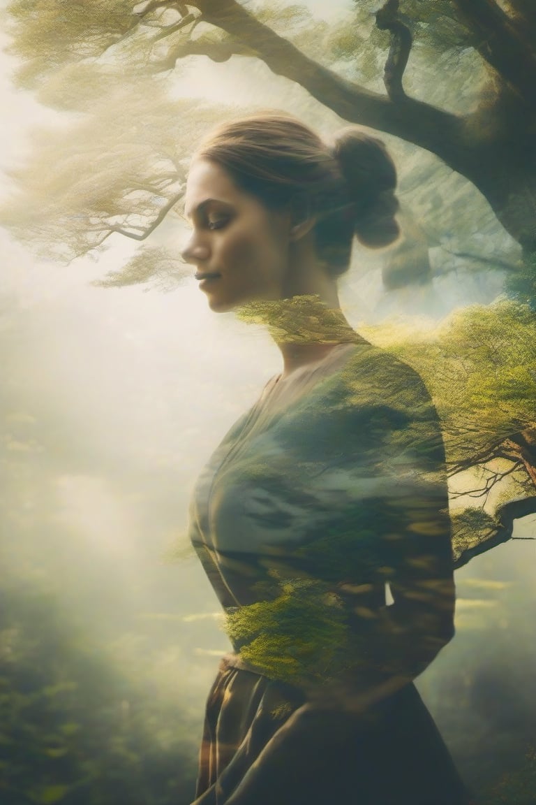 Create a compelling double exposure photograph that seamlessly merges the presence of a woman and the wonders of nature. Capture the harmony between the human form and the natural world, using light and shadow to accentuate their connection and create a visually striking narrative.