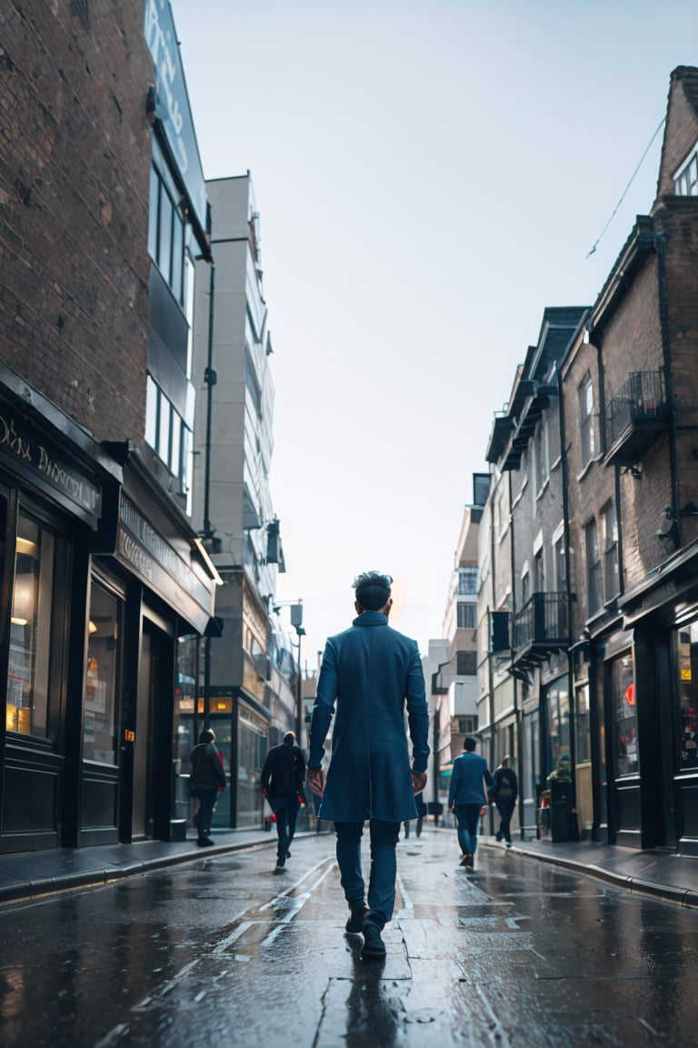 indian man walking in Street of London in 1853, fully_dressed,high_res,extremely detailed, 4k, cinematic envirement, hyper-realistic illustration, vivid colors, UHD, cinematic perfect light,greg rutkowski