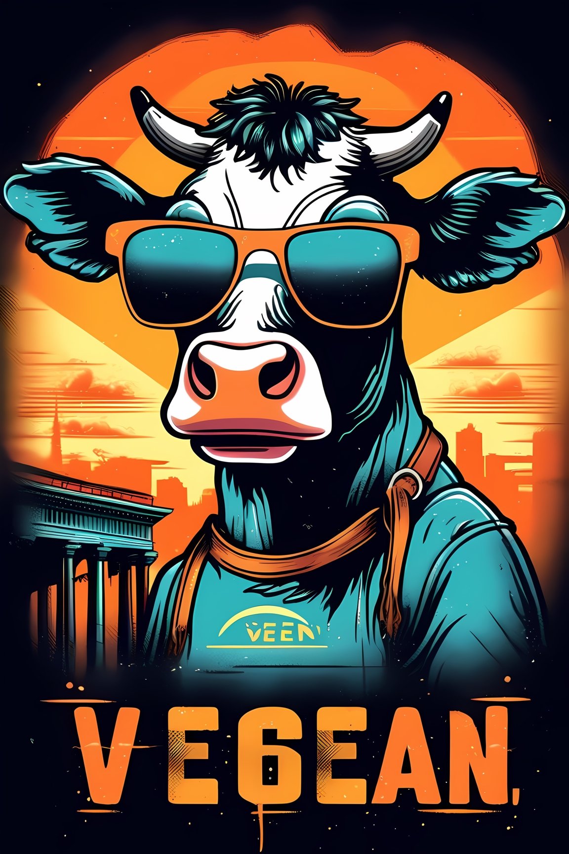 Vector t-shirt design Vintage retro sunset distressed black style design, a cute cow wearing sunglasses, with text “be vegan”, typography, graffiti, 3d render, 4k, CYBERPUNK, 