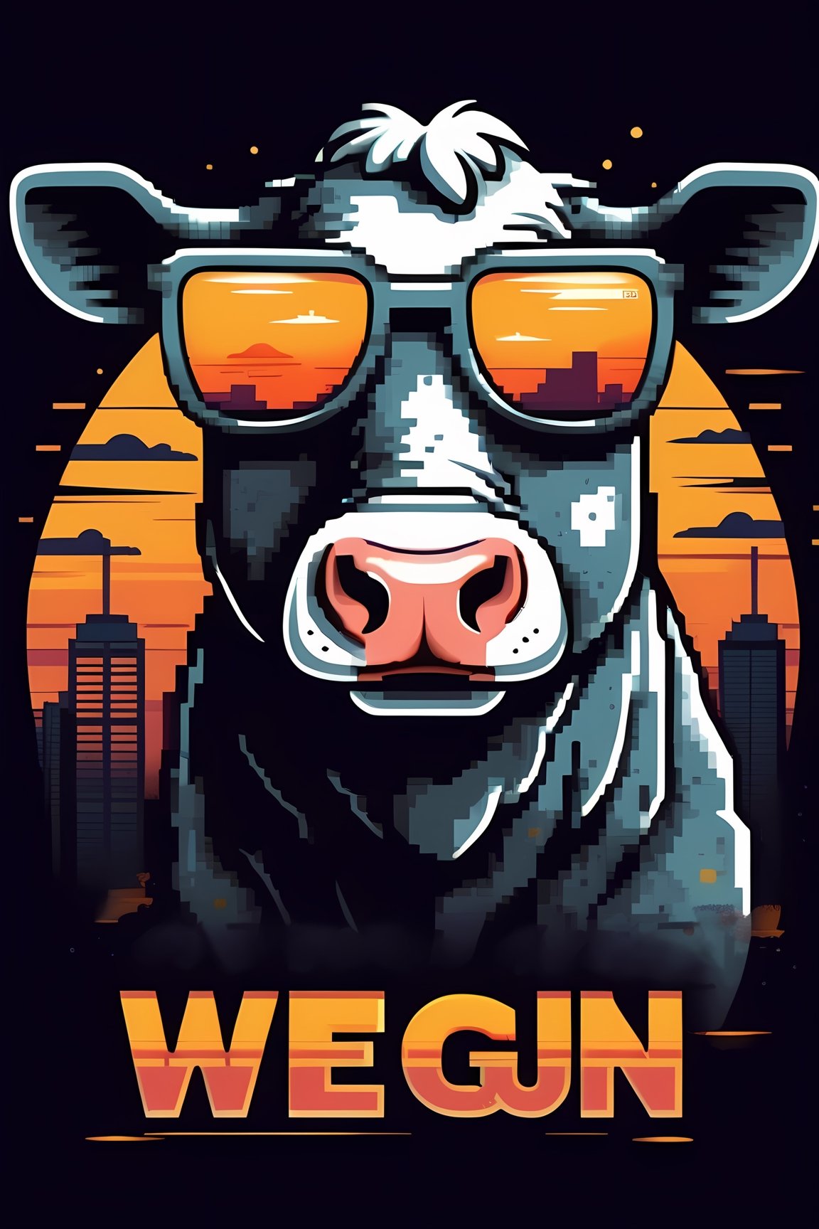 Vector t-shirt design Vintage retro sunset distressed black style design, a cute cow wearing sunglasses, with text “BE WEGUN”, typography, graffiti, 3d render, 4k, CYBERPUNK, ,pixel art
