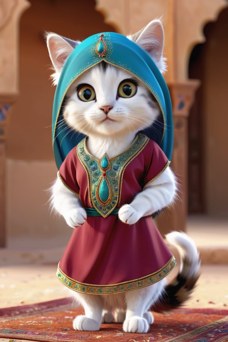 a cute cat is an arabian dress ,detailed fur, 8k resolution, masterpiece, very realistic, 8k resolution, masterpiece, very realistic, detailed background, depth of field, ,3d style