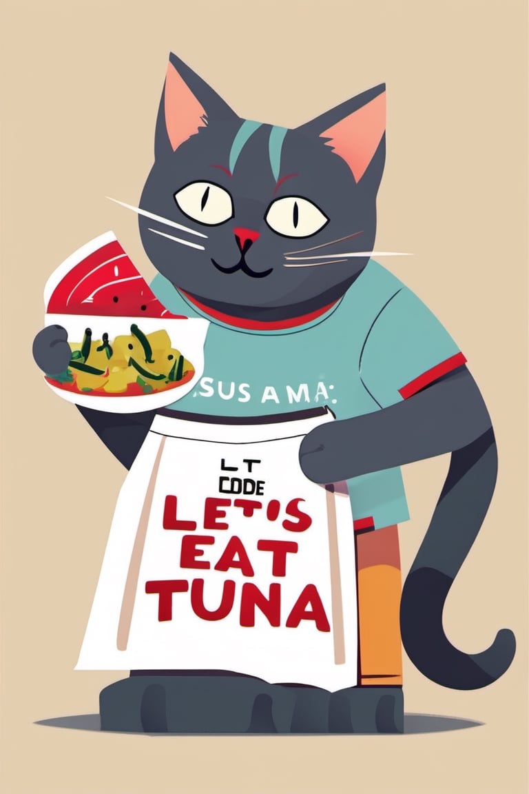 Cat with a Klaus Schwab motive shirt  and holding a sign "Let's eat Some Tunas",Flat Design