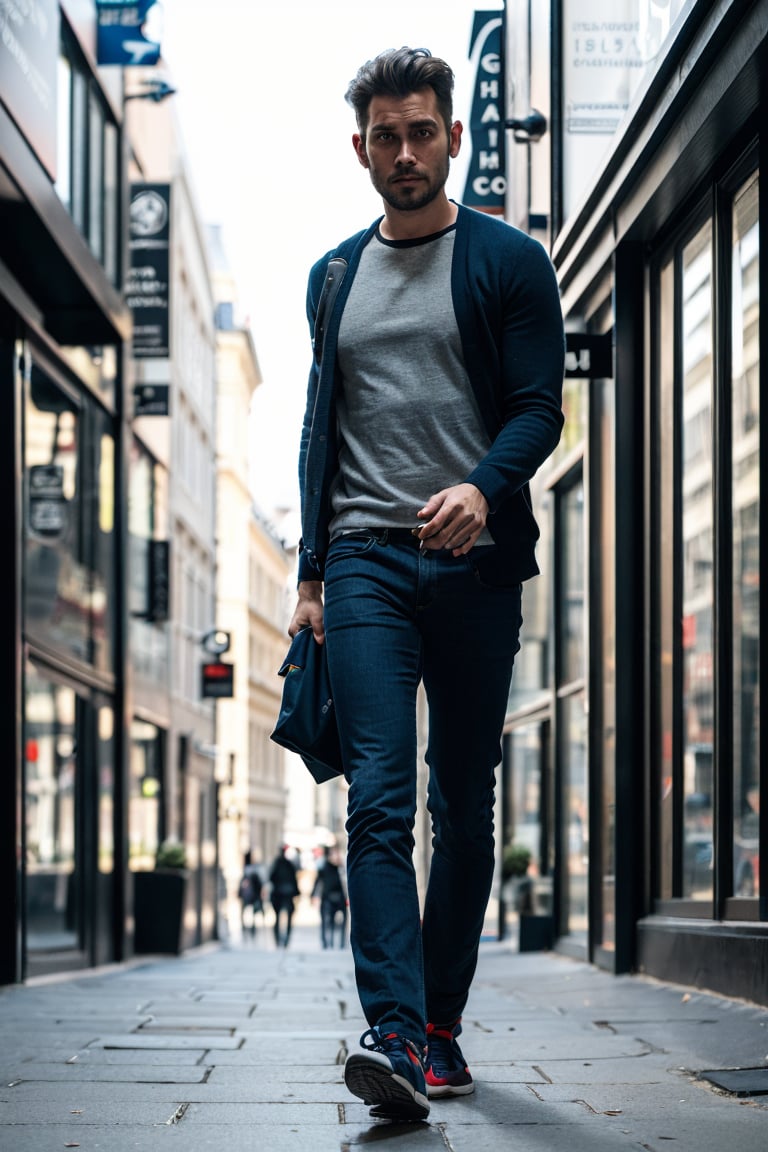 Man ((28 yr old)) walking in Street of London in 1853, looking at camera directly, fully_dressed,high_res,extremely detailed, 4k, cinematic envirement, hyper-realistic illustration, vivid colors, UHD, cinematic perfect light,greg rutkowski