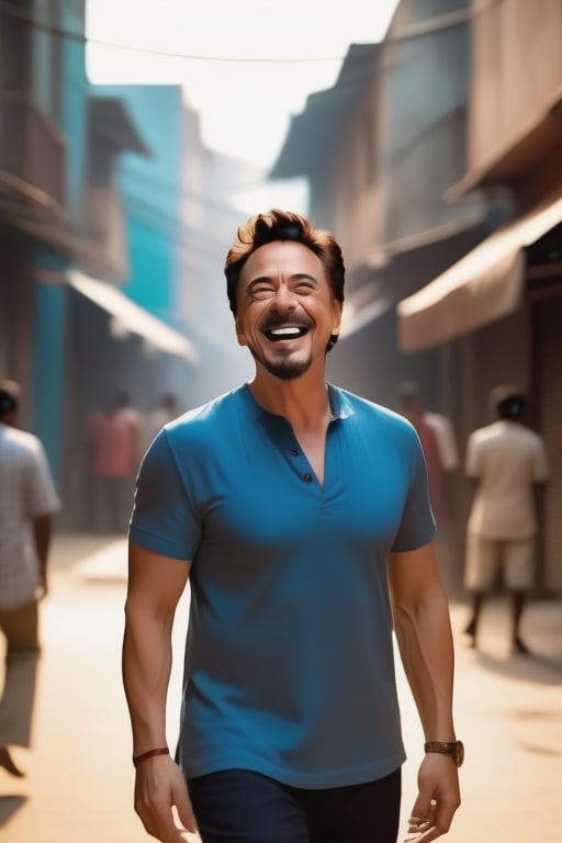tony stark laughing in indian street cinematic lighting photorealistic shot in nikon mark d500 camera
,l3min,3d style,SteelHeartQuiron character
