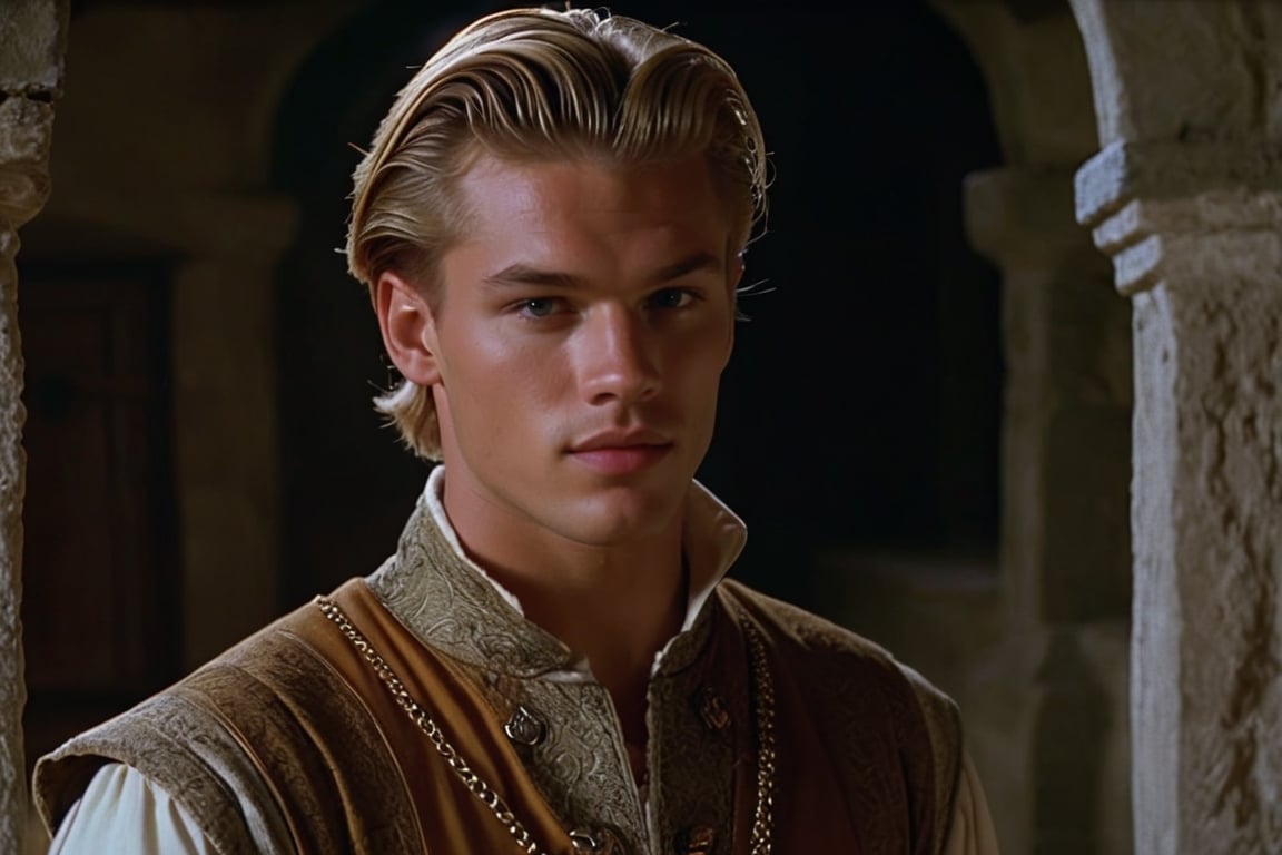 screengrab of original VHS movie | TV show from early 70's | portrait shot, handsome young male character similar to Matthew Noszka | fantasy medieval atmosphere, Interiors of an old medieval manor house | grainy, low quality, random facial expressions, ultra-detailed, is characterized by its extraordinary physical attributes and awe-inspiring presence.,Hyperrealism style