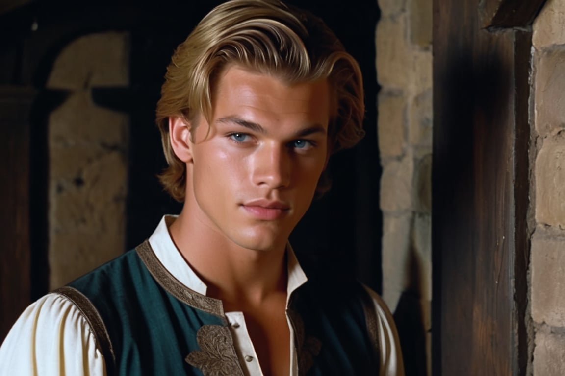 screengrab of original VHS movie | TV show from early 70's | portrait shot, handsome young male character similar to Matthew Noszka | fantasy medieval atmosphere, Interiors of an old medieval manor house | grainy, low quality, random facial expressions, ultra-detailed, is characterized by its extraordinary physical attributes and awe-inspiring presence.,Hyperrealism style