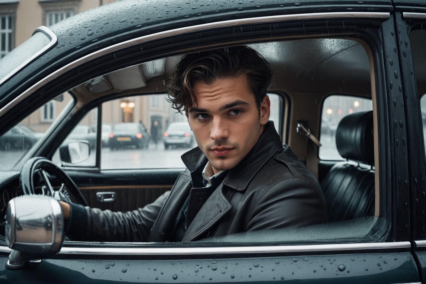 Generate an image of a young and handsome man waiting inside his car, his gaze fixed on a typical Berlin street corner as he anticipates the arrival of a comrade. Capture the scene from inside the car, providing a view through the window. Incorporate the atmospheric element of rain to enhance the mood. Pay attention to details such as the architecture of the Berlin street and the historical context of the setting. Emphasize the anticipation and camaraderie in the air, creating a visual narrative that reflects the historical and emotional elements of the Weimar Republic era. sdxl
