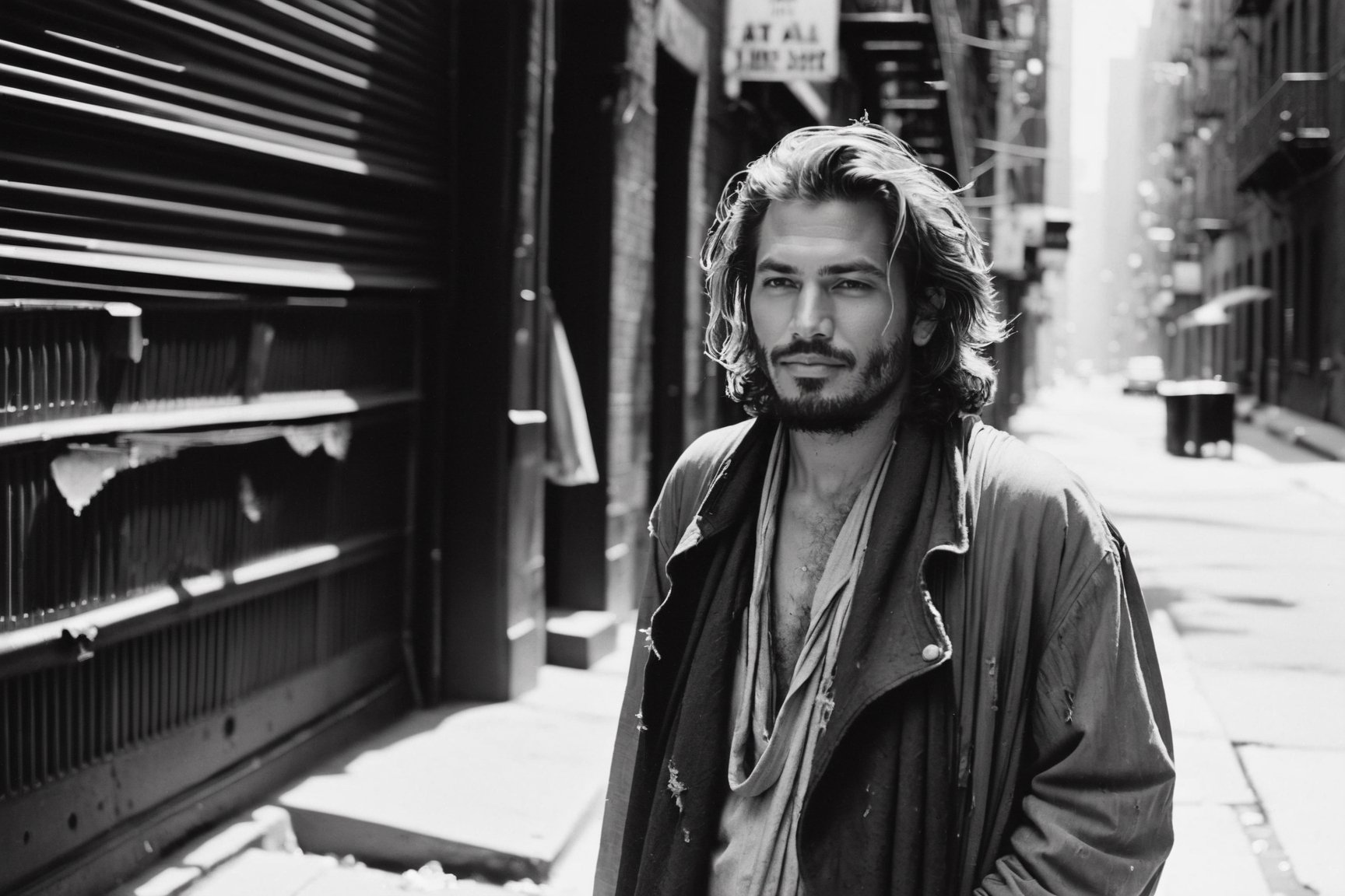 Street photography of a solitary vagabond, draped in layers of worn and tattered clothing, in New York City under the contrasting shadows of an alleyway at midday, close-up, capturing everyday life in monochromatic palette, taken with Ilford XP2 400 film ,photo r3al