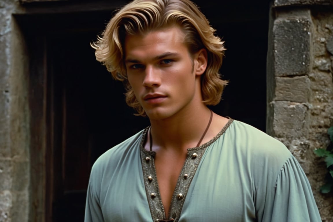 screengrab of original VHS movie | TV show from early 70's | portrait shot, handsome young male character similar to Matthew Noszka | fantasy medieval atmosphere, Interiors of an old medieval manor house | grainy, low quality, random facial expressions, ultra-detailed, is characterized by its extraordinary physical attributes and awe-inspiring presence.,Hyperrealism style