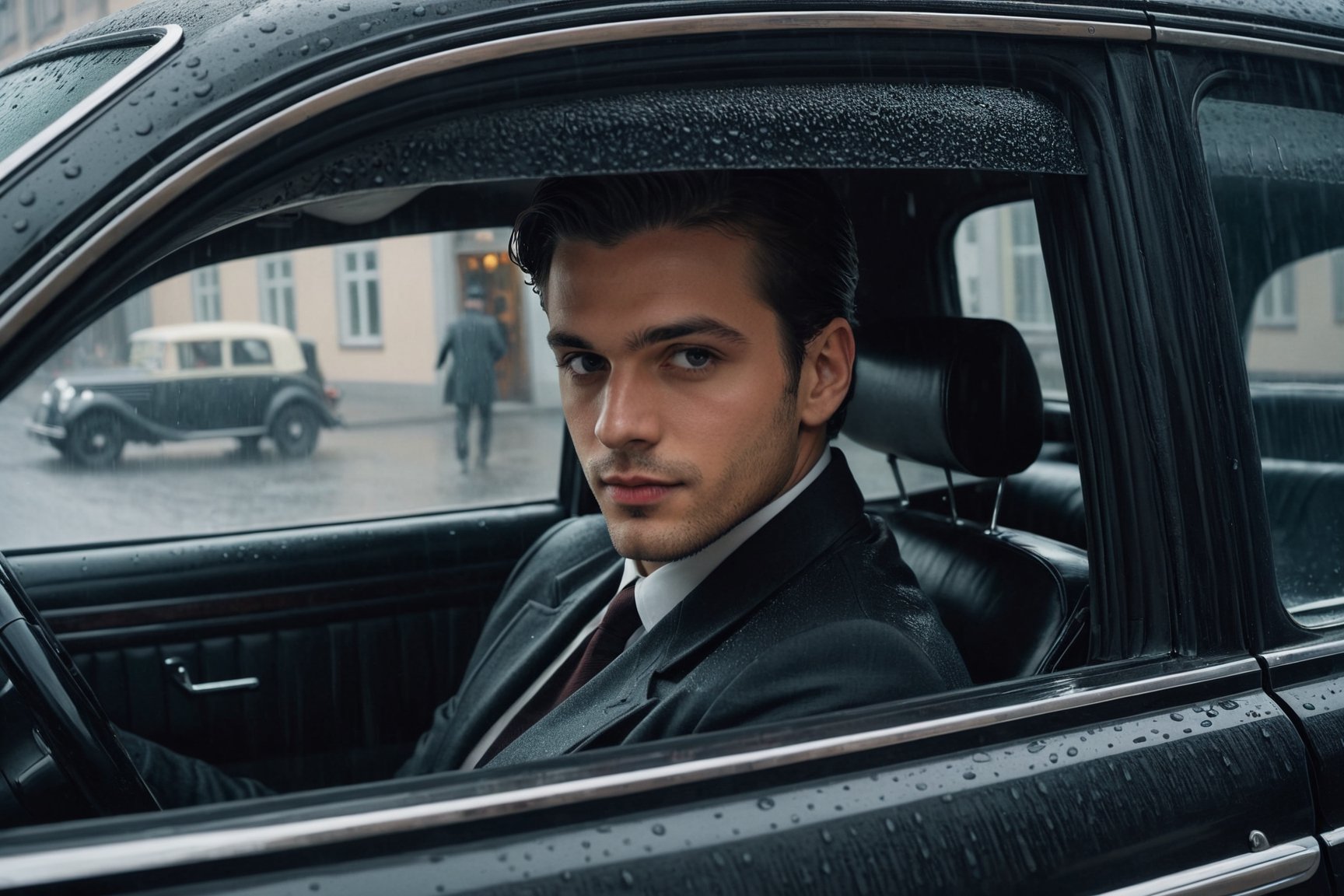 Generate an image of a young and handsome man waiting inside his car, his gaze fixed on a typical Berlin street corner as he anticipates the arrival of a comrade. Capture the scene from inside the car, providing a view through the window. Incorporate the atmospheric element of rain to enhance the mood. Pay attention to details such as the architecture of the Berlin street and the historical context of the setting. Emphasize the anticipation and camaraderie in the air, creating a visual narrative that reflects the historical and emotional elements of the Weimar Republic era. sdxl