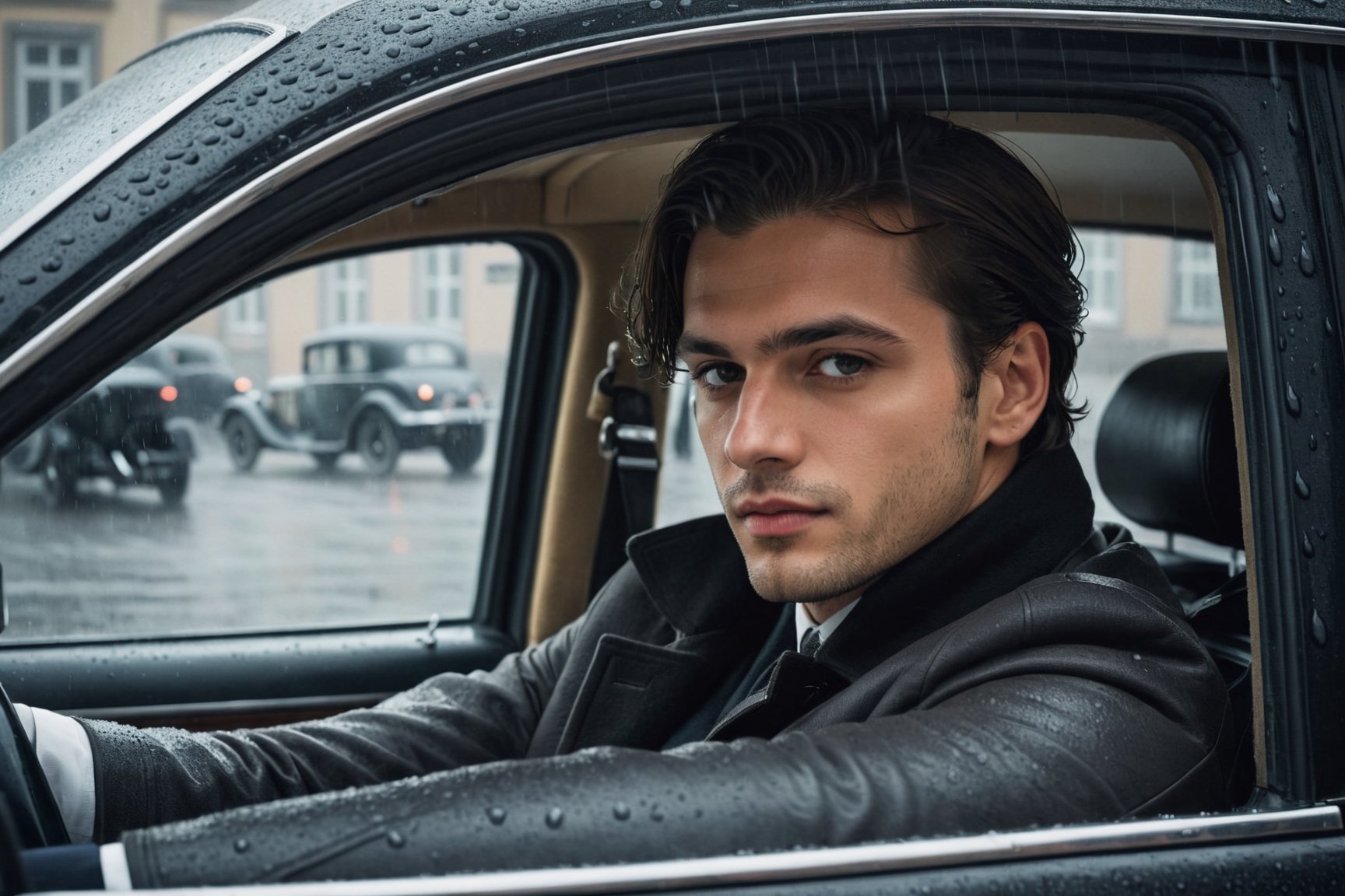 Generate an image of a young and handsome man waiting inside his car, his gaze fixed on a typical Berlin street corner as he anticipates the arrival of a comrade. Capture the scene from inside the car, providing a view through the window. Incorporate the atmospheric element of rain to enhance the mood. Pay attention to details such as the architecture of the Berlin street and the historical context of the setting. Emphasize the anticipation and camaraderie in the air, creating a visual narrative that reflects the historical and emotional elements of the Weimar Republic era. sdxl