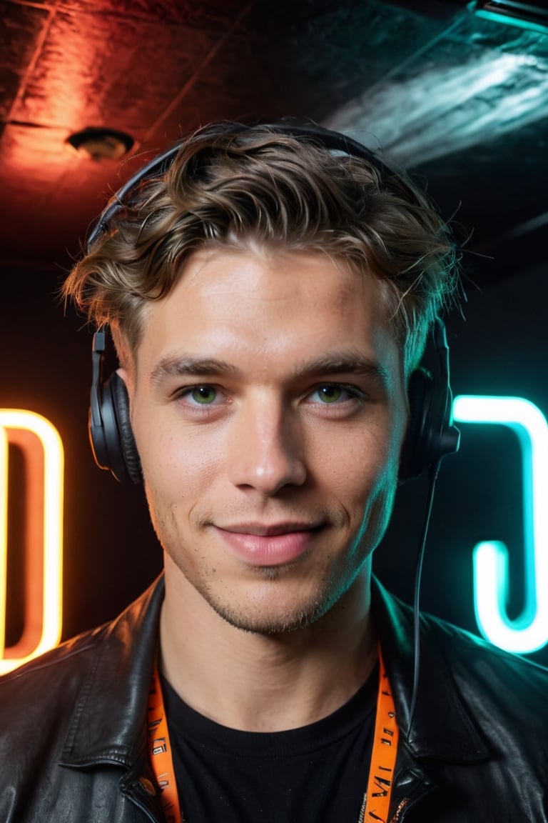 (Cinematic Shot) (Shot on Aaton LTR 54)(FACE CLOSE-UP SHOT:1.5) 1boy, similar to Matthew Noszka,  with Headset (22yo, Peaky Blinder haircut style:1.4), (Black Walls:1.3) (Neon Signs:1.3)(LED  CEILING STRIPS:1.3) (lens flare:1.3) insanely detailed and intricate, character, hypermaximalist, beautiful, handsome, exotic, revealing, appealing, attractive, amative, hyper realistic, (super detailed:1.3), (ambar volumetric smoke:1.3)   distiguished interior, building  (smiling:1.4),