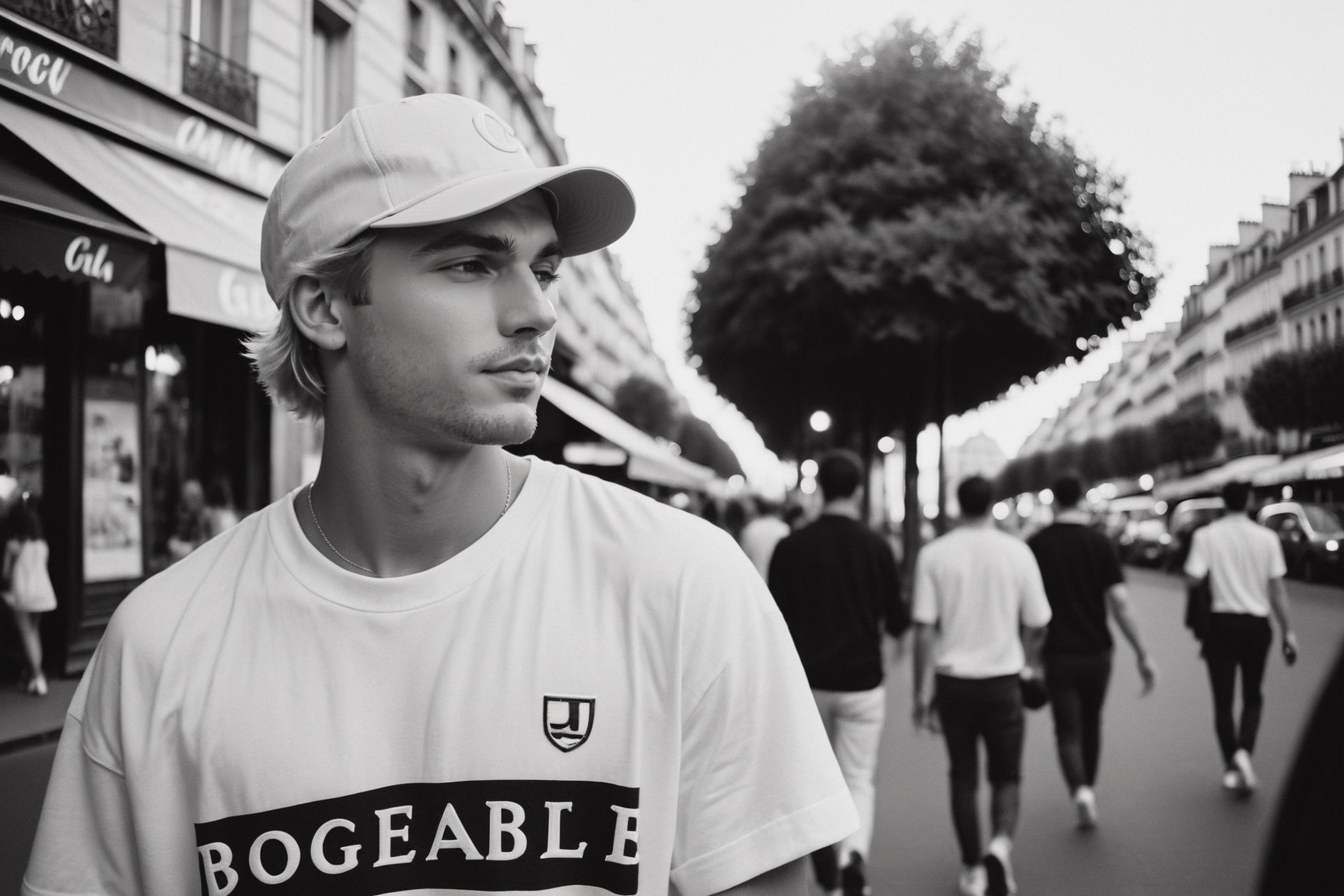 Street photography of a handsome young man, blond hair, wearing light summer juvenile clothing and wearing a baseball cap backwards position, in Paris under the gentle light of the golden hour, from a candid angle across the street, capturing everyday life in a monochromatic palette, taken in 35mm with Ilford XP2 400 film,photo r3al