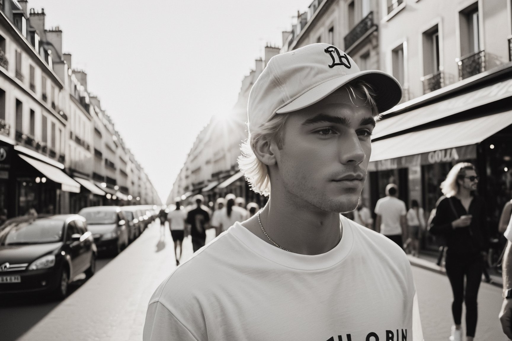 Street photography of a handsome young man, blond hair, wearing light summer juvenile clothing and wearing a baseball cap backwards position, in Paris under the gentle light of the golden hour, from a candid angle across the street, capturing everyday life in a monochromatic palette, taken in 35mm with Ilford XP2 400 film,photo r3al