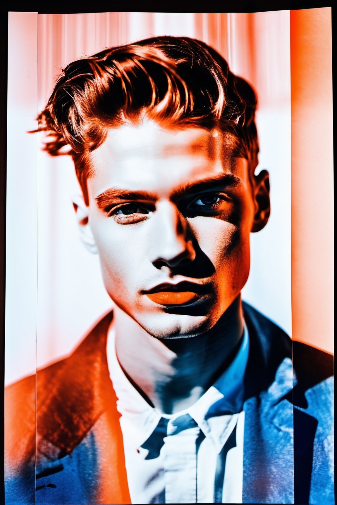 mixed media photography, fusing photography and risograph, articulating the progression of an editorial portrait through the phases, handsome young man, Slavic, film noir, indigo and white and burnt umber gradient color transitioning, low key, neon orange full lips, double exposure, (cinematic realism:1.2), (confident posture:1.2)