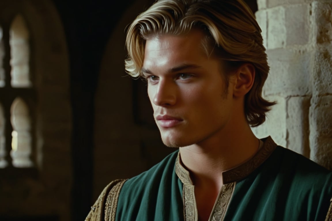 screengrab of original VHS movie | TV show from early 70's | portrait shot, handsome young male character similar to Matthew Noszka | fantasy medieval atmosphere, Interiors of an old medieval manor house | grainy, low quality, random facial expressions, ultra-detailed, is characterized by its extraordinary physical attributes and awe-inspiring presence.,Hyperrealism style