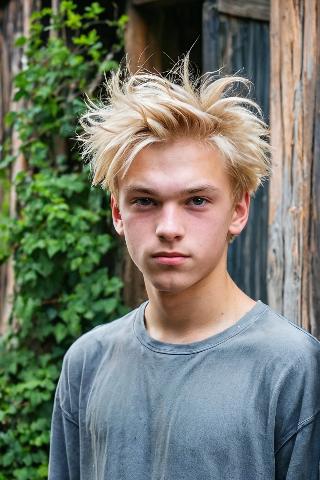 A village Russian teenage boy with blond untidy hair, rural courtyard context