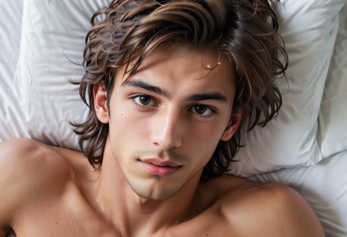 close up on the face of handsome (shirtless:1.1) 21yo sexy Argentinian seductive boy, slender features, top view in bed, looking up, from above, (handsome:1.4), tousled hair, predatory look