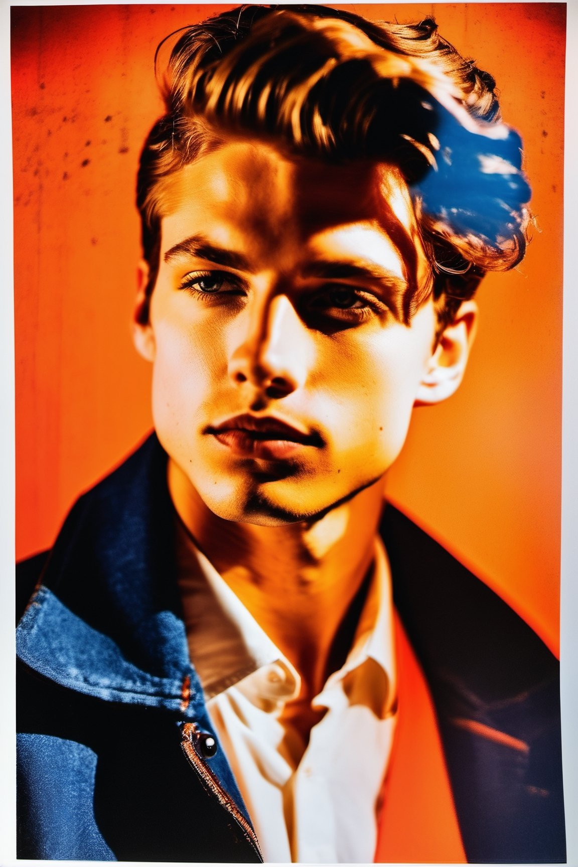 mixed media photography, fusing photography and risograph, articulating the progression of an editorial portrait through the phases, handsome young man, Australian, film noir, indigo and white and burnt umber gradient color transitioning, low key, neon orange full lips, double exposure, (cinematic realism:1.2), (confident posture:1.2)