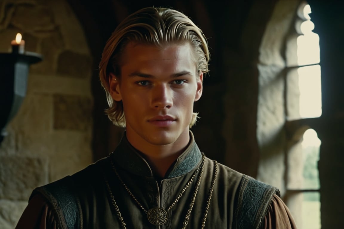 screengrab of original VHS movie | TV show from early 70's | portrait shot, handsome young male character similar to Matthew Noszka | fantasy medieval atmosphere, Interiors of an old medieval manor house | grainy, low quality, random facial expressions, ultra-detailed, is characterized by its extraordinary physical attributes and awe-inspiring presence.,Hyperrealism style