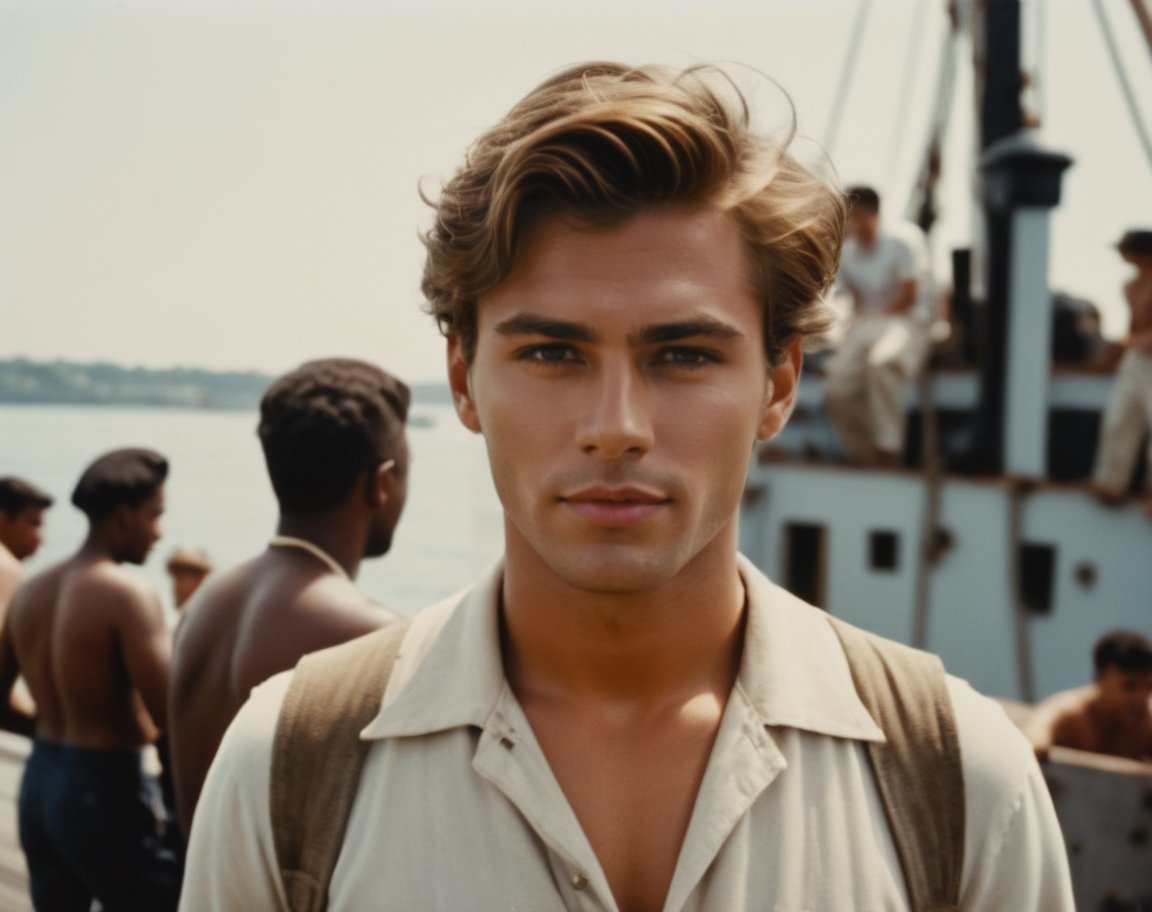 analog, a young handsome sailorman stands on the dock, tanned face, while a group of eager dockworkers bustle about, loading and unloading cargo from the ships that line the harbor, lively atmosphere around him, polaroid, photorealistic, cinematic, movie stills style.,Movie Still,Perfect Hands