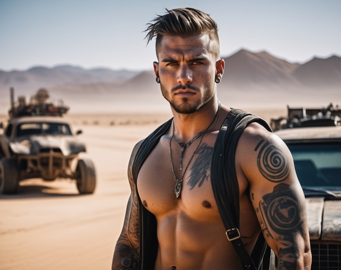 A handsome tattooed young man, face focus, he is surrounded by the style of Mad Max vehicles, in a postapocalyptic desert setting with a cyberpunk aesthetic, in a cinematic, movie stills style.,Movie Still,Perfect Hands