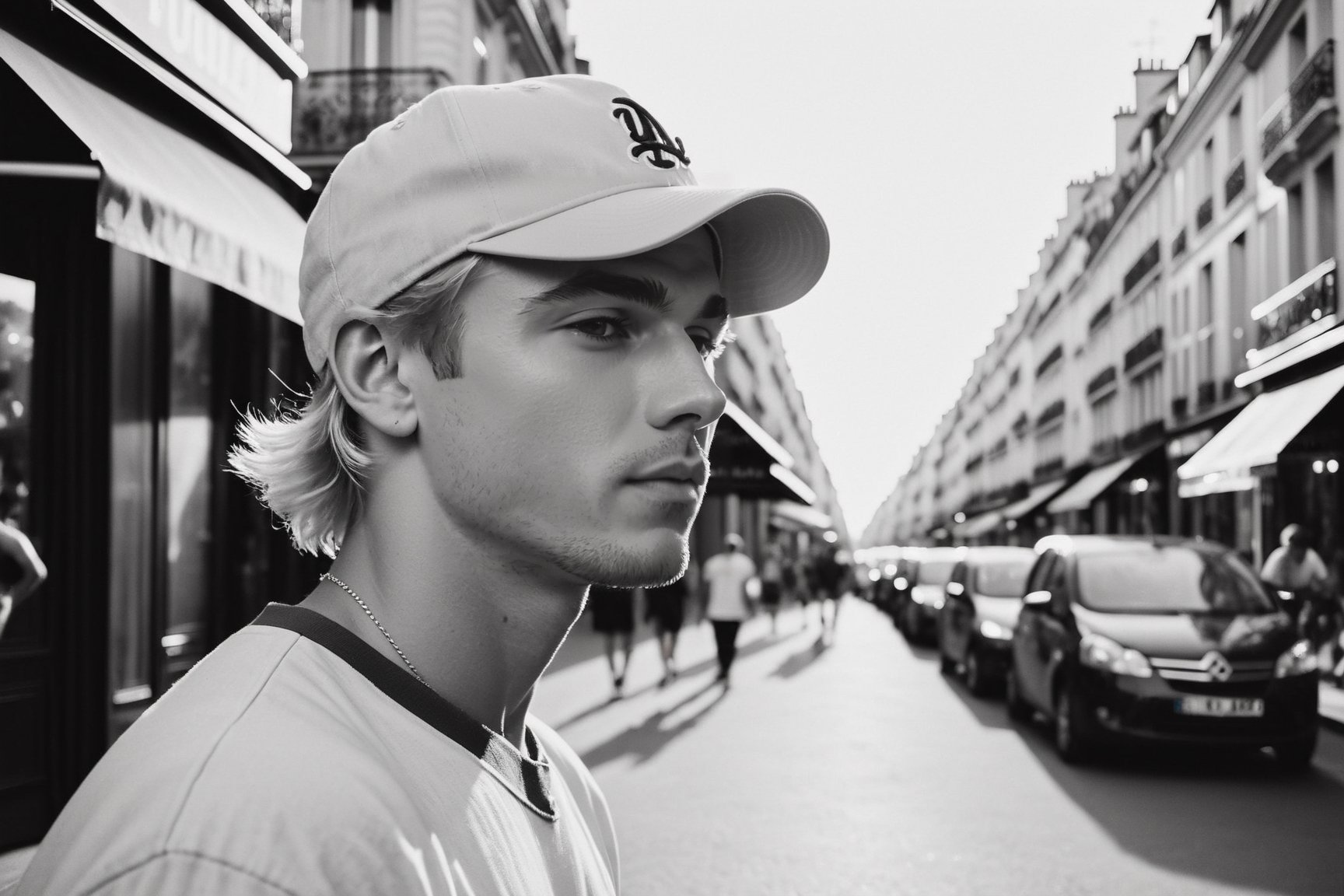 Street photography of a handsome young man, blond hair, wearing light summer juvenile clothing and wearing a baseball cap backwards position, in Paris under the gentle light of the golden hour, from a candid angle across the street, capturing everyday life in a monochromatic palette, taken in 35mm with Ilford XP2 400 film,photo r3al