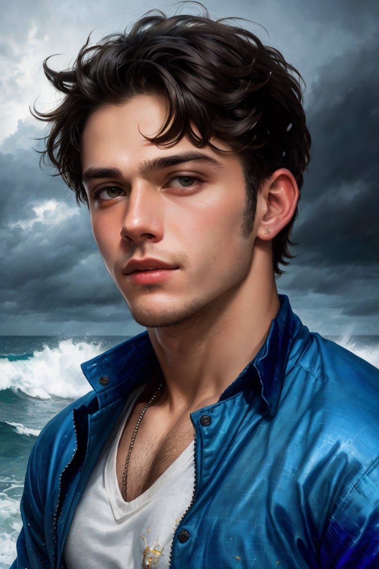 stunning breathtaking young ((((male)))) teenager beauty, masculine, random facial expressions, glamorous pose, great realistic features, detailed, studio photo, raw photography, cinematic, masterpiece, pure perfection, ((divine presence)), ((Pino Daeni, Karol Bak)),  loose white shirt, dark ocean in storm background.