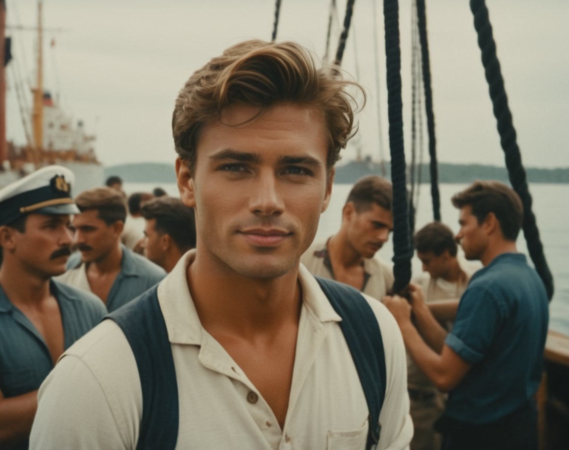 analog, a young handsome sailorman stands on the dock, tanned face, while a group of eager dockworkers bustle about, loading and unloading cargo from the ships that line the harbor, lively atmosphere around him, polaroid, photorealistic, cinematic, movie stills style.,Movie Still,Perfect Hands