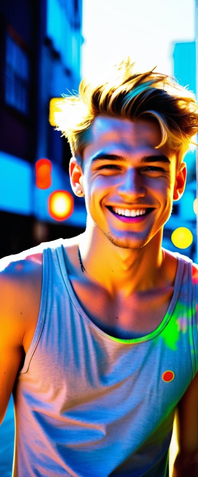 ink-adorned grunge 19 years old caucasian man, coquettish gaze, grey tanktop, fashion-forward neon city snapshot, sun-kissed, minimalist chic, grin-lit euphoria