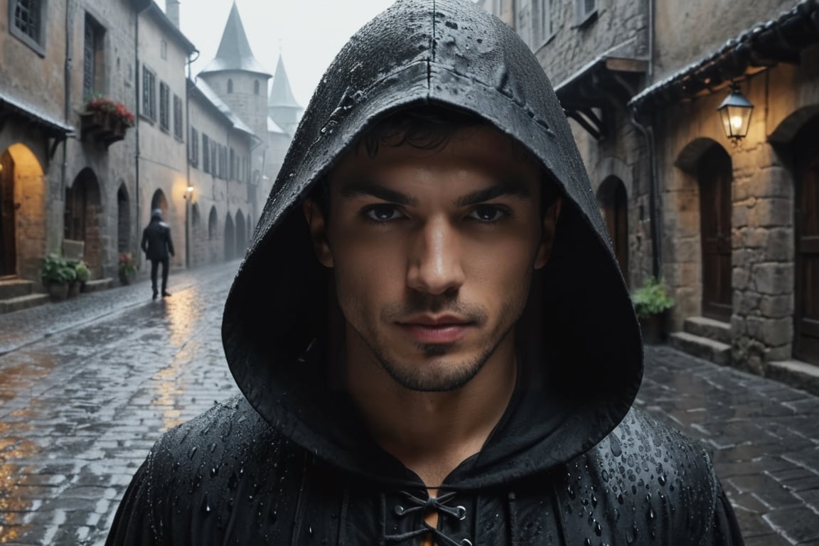 (Cinematic Shot) (Shot on Aaton LTR 54)(FACE CLOSE-UP SHOT:1.5) 1boy, handsome, Feel the 'Rhapsody of the Rain' with the hooded assassin, where each shadow black drop plays a note on the cobblestone grey earth, composing a symphony of renewal, reflection, and rebirth. Old medieval alley