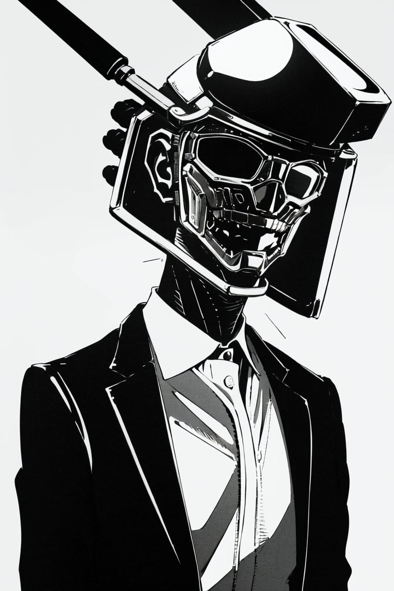 white ink, lines, swallowing, scribbles, simple_background, shirt, 1boy, jacket, monochrome, upper_body, male_focus, collared_shirt,  formal, suit, object heads,  scribbles as head 