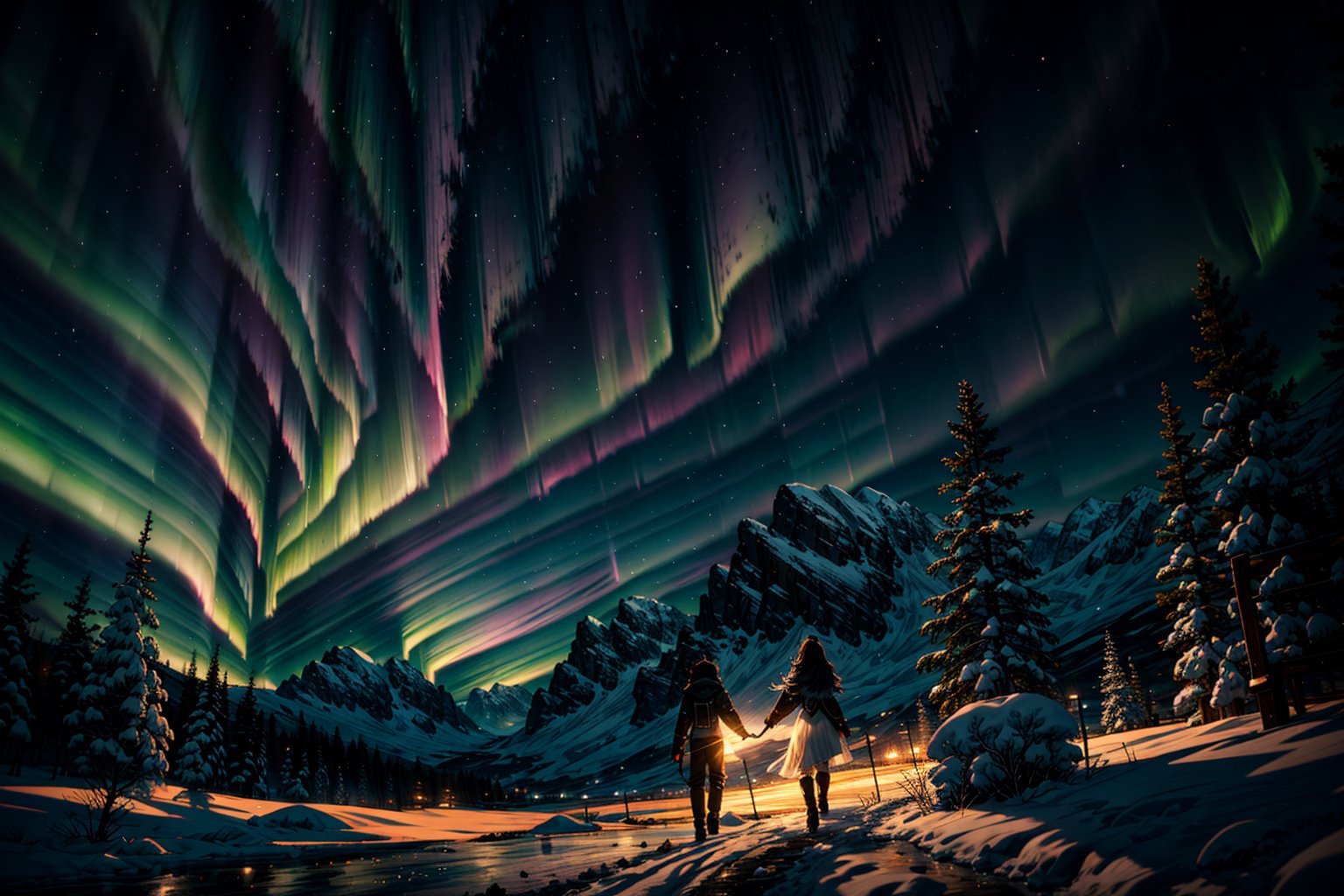 landscape, aurora, a dynamic action scene where a young and beautiful couple sitting on the snow, surrounded by an ice crystal, ultra quality, high and detailed environment, dark clothes, hair, glow, dinamic angle, mystical atmosphere,